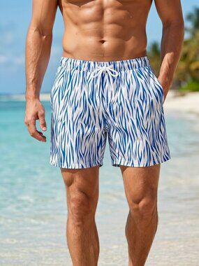 NWOT | Blue & White Zebra Animal Print Quick-Dry Swim Trunks with Mesh Liner | S
